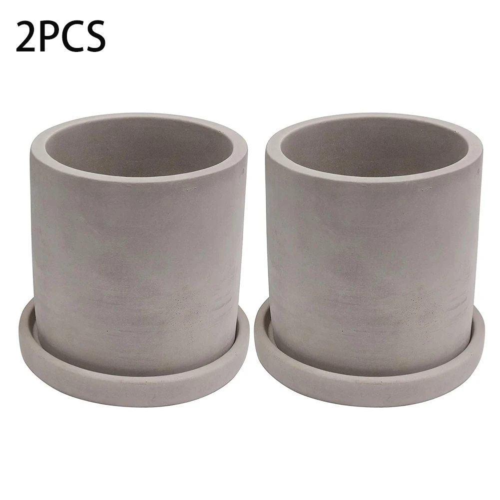 

2PCS Nordic Industrial Style Round Succulent Plant Pot Flower Concrete Cactus Bonsai Container Cylinder Shape Cement With Tray