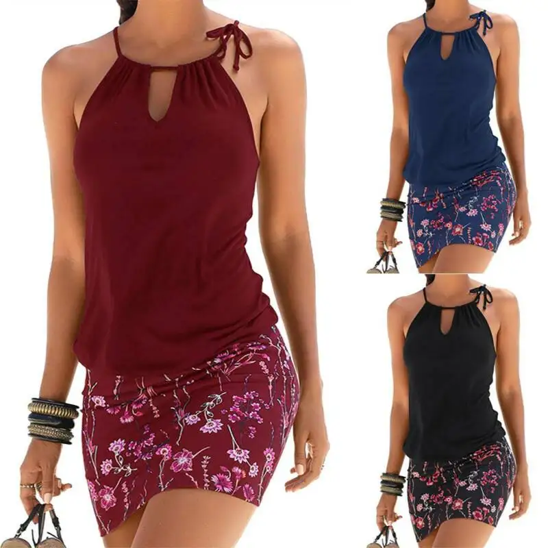 

Womens Sleeveless Summer Halter Neck Mini Dress Casual Party Beach New Sundress