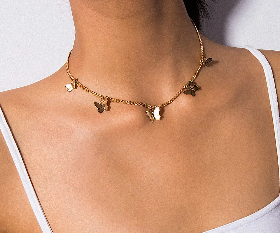 Модное ожерелье-чокер милое Позолоченное серебряное ожерелье-бабочка Короткое