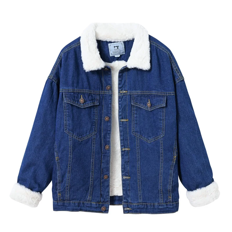 Модная плюшевая утепленная джинсовая куртка женская зимняя из овечьей шерсти