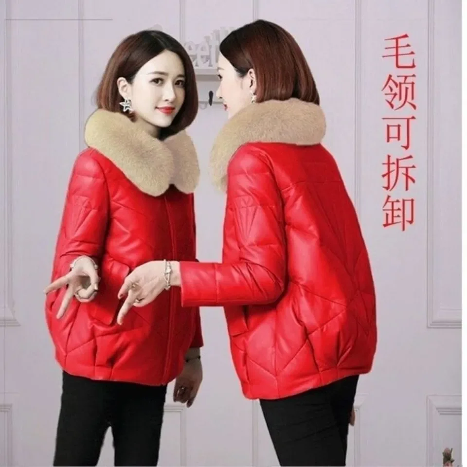 Leather jacket women short 2021 winter new cotton jacket loose  imitation fox fur collar fur PU leather thick jacket coat A292