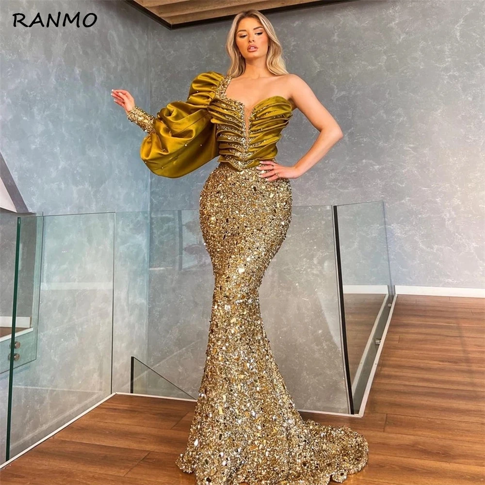 

One Shoulder Shinny Evening Dresses 2021 Beads Crystal Tiered Puff Sleeves Formal Party Dress Long Prom Gowns