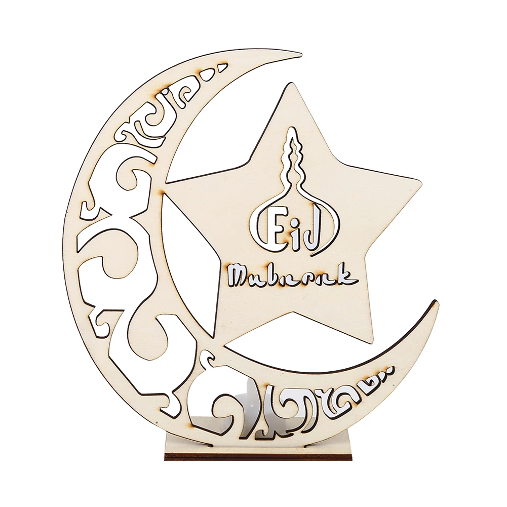 

Wooden Moon Star LED Lights Islam Ramadan Festival Holiday Desktop Ornament Decoration Art Craft for Home 20.5x22cm