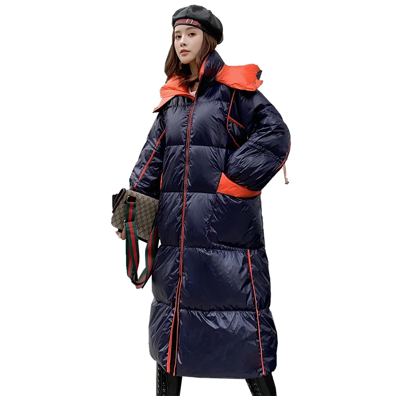 

Women Jacket Contrast Color White Duck Down Hooded Thick Warm Winter Coat Women 2019 Mid-Length Fill Feather Glossy Down Jacket