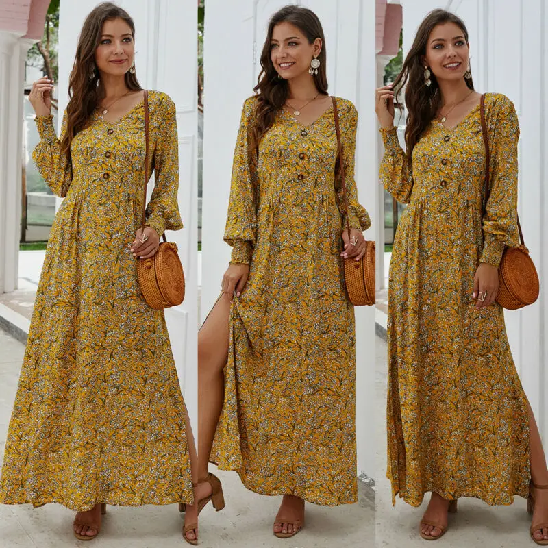 Hirigin модное женское расклешенное платье с длинным рукавом Осеннее длинное макси