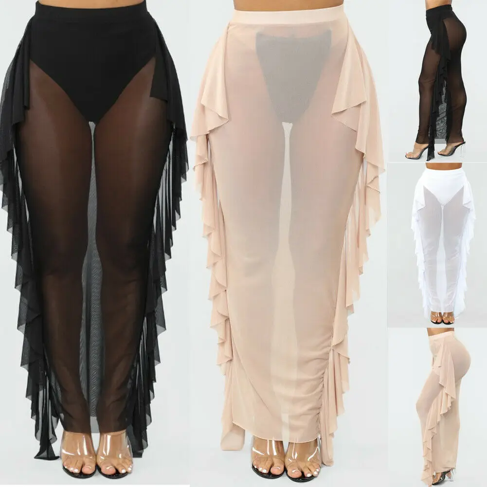 Women Package Hip Skirts Sexy Mesh Side Ruffles High Waist Bikini Cover Up Sheer Beach Long See-through Chiffon Swim Wear | Женская