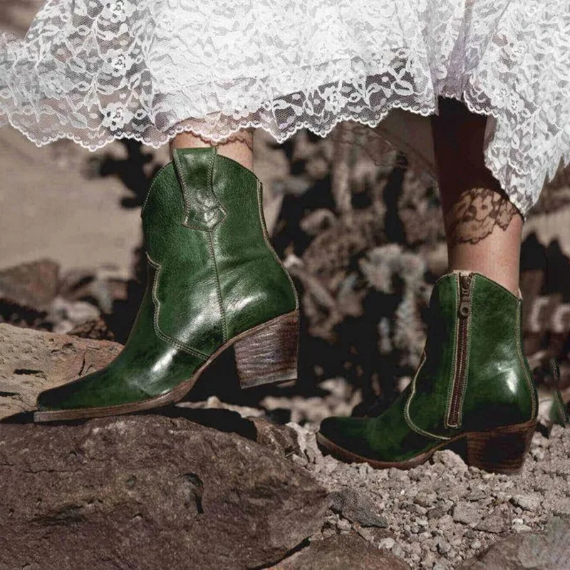 Винтажные женские ботинки ковбойские сапоги до середины икры на низком каблуке с
