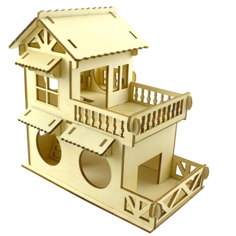 

Hamster Hideout Wooden Hut Small Animals Double Layer Villa Rat Room House Cage Exercise Toy with Ladder Board