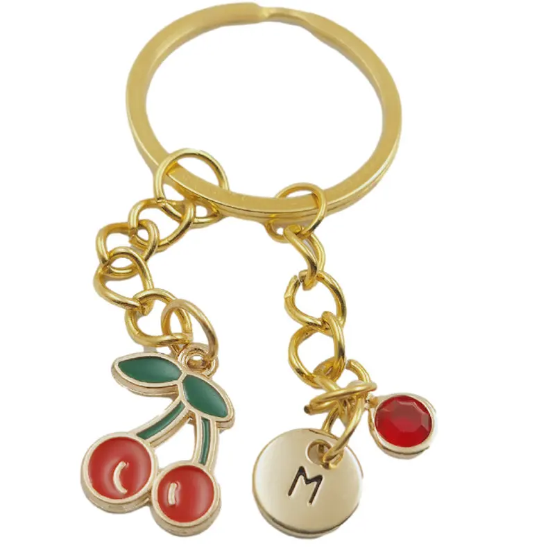 

New Cute Cherry Initial Letter Birthstone Keychains Keyring Gold Fashion Jewelry Women Gifts Christmas Accessories Pendants