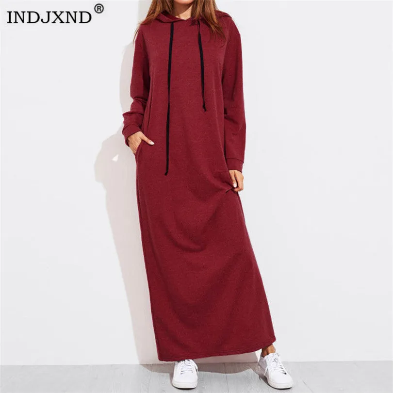 

LJCUIYAO Autumn Solid Sweatshirt Dress Pullover Women Casual Hooded Long Sleeve Vestido Female Basic Pocket Stitching Clothes