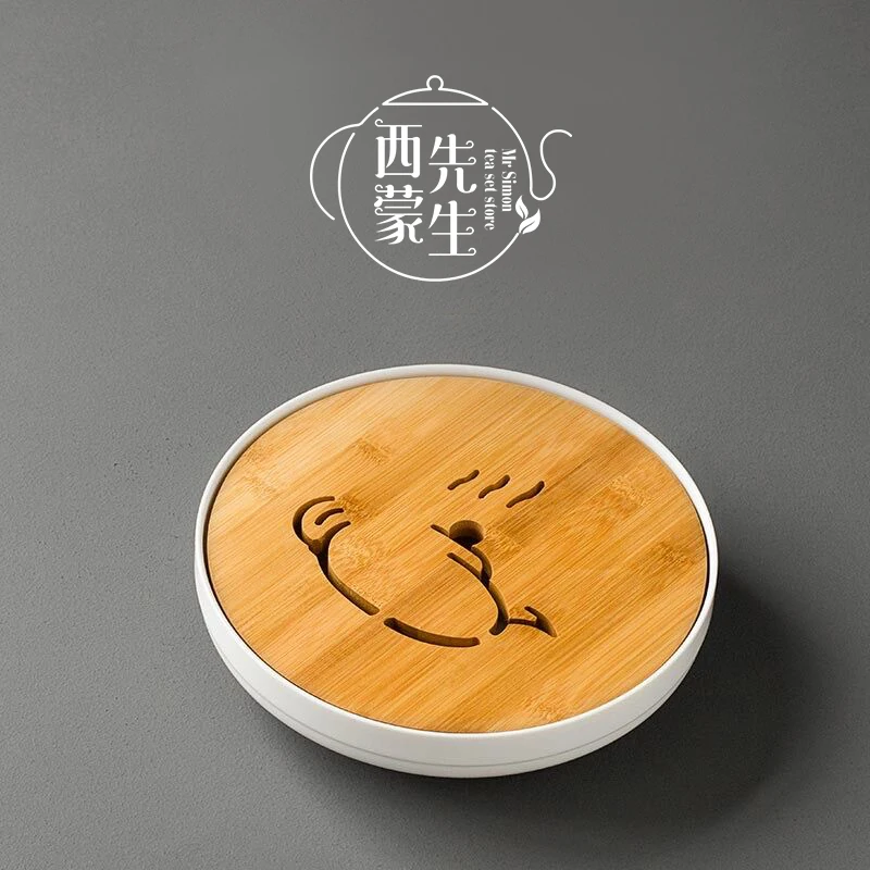 

Керамический чайный поднос Dehua для сухого пивоварения, Круглый бамбуковый чайный поднос, маленький чайный столик, чайный набор кунг-фу, прос...