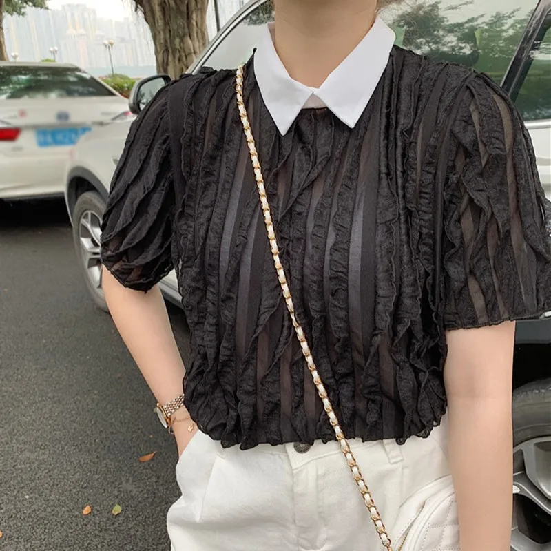 

Модные блузки 2019 летние новые корейские лацканы с коротким рукавом складки сплошной цвет рубашка Топ Женская шикарная нишевая дизайнерска...