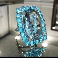 luxury transparent sky blue rectangular zircon silver color ring fashion romantic wedding banquet womens ring jewelry
