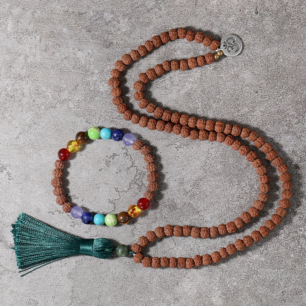 

OAIITE Tibetan Buddhism 108 Mala Beads Necklaces 7 Chakra Stone Bracelet Women Men Rudraksha Seeds Necklace Prayer Jewelry Set