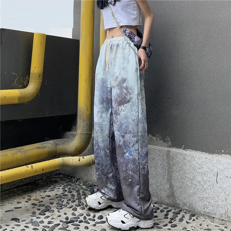 

Harajpoo Women Pants Summer Korean Version Ins Personality Retro Ink Tie-dye Casual Couple Loose Wide-leg Straight-leg Trousers