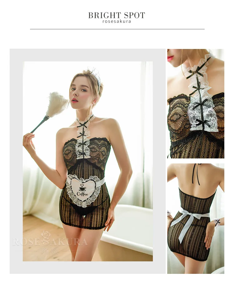Сексуальное женское нижнее белье Babydoll, кружевное платье с лямками на шее, привлекательное ночное белье, Униформа горничной, соблазнительный Школьный костюм для девочек