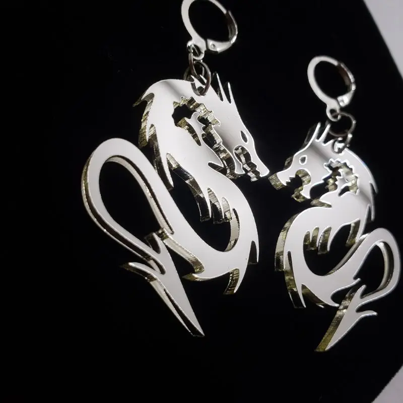 

69HB Super Cool Shiny Silver Dragon Totem Acrylic Drop Earrings Fashion Jewelry