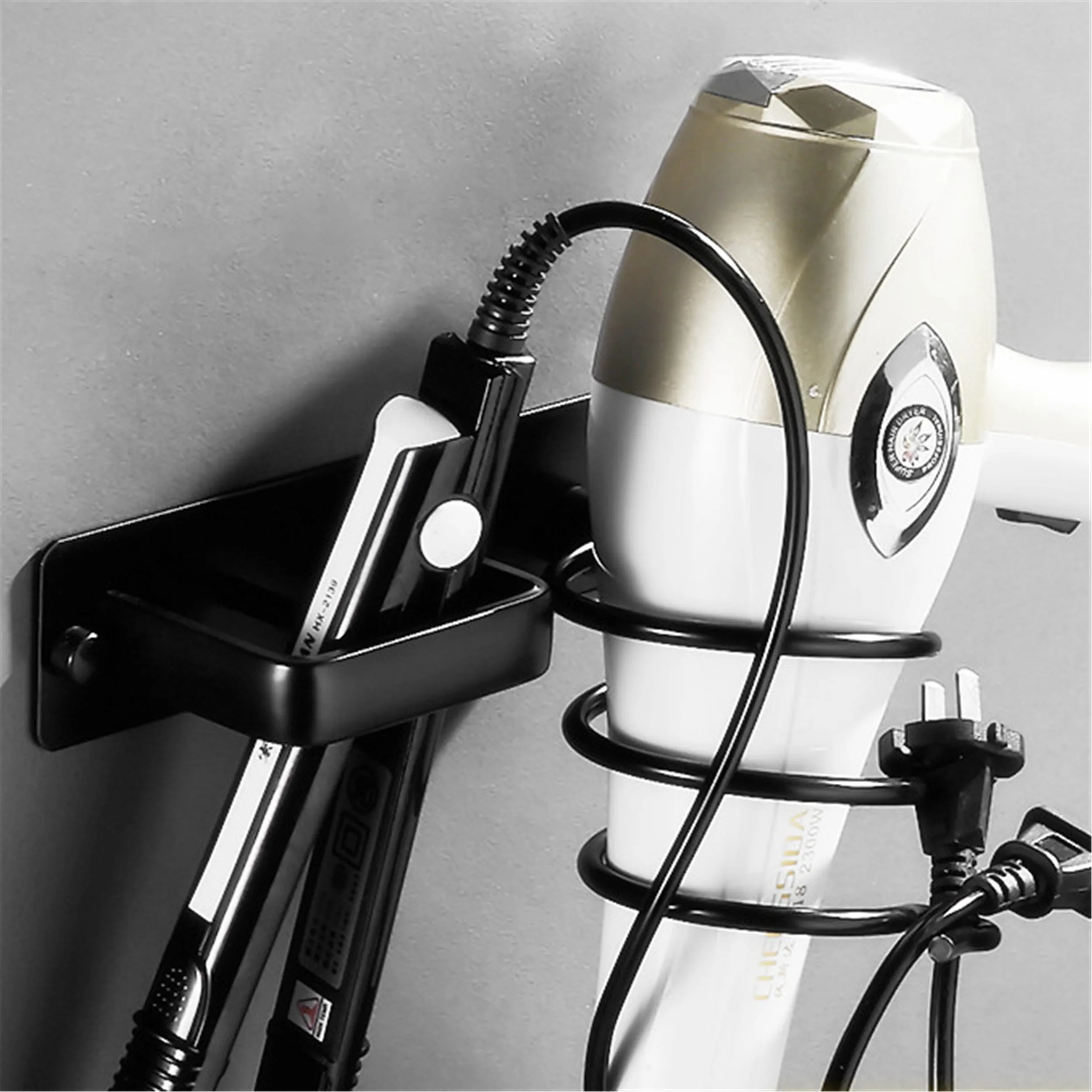 

Wall Mounted Bathroom Black Hair Dryer Holder Space Aluminum Hair Straightener Holder Storage Bathroom Shelf Accessories