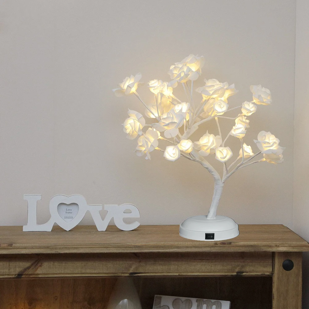Романтическое белое дерево с цветами розы питание от батарейки и USB-ночник для