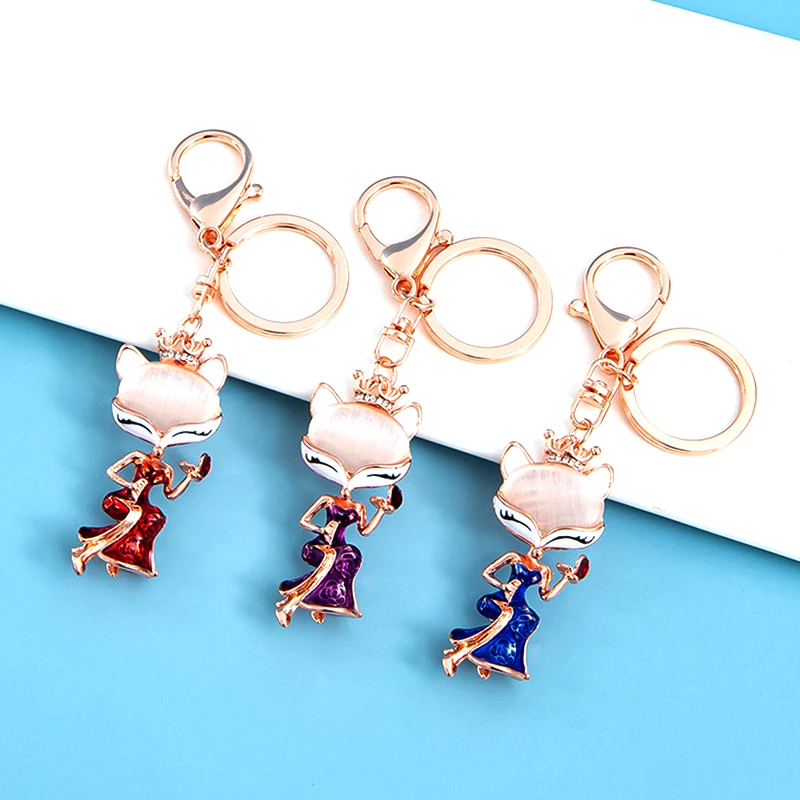 

Elegant Refined Cheongsam Crown Exquisite Fox Dripping Oil Keychain Car Key Holder Bag Pendant Girl Gift Trinket Animal Keyring