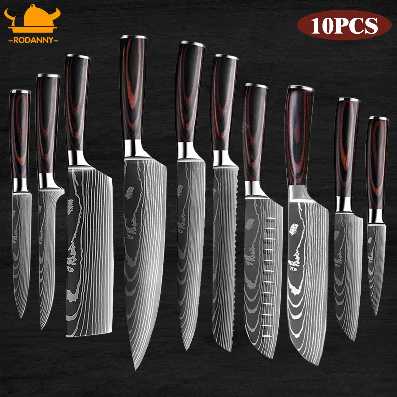 

Rodanny Kitchen Knives 10pcs High Carbon Stainless Steel Damascus Drawing Gyuto Cleaver Set Slicer Santoku Knife Chef Knife Set