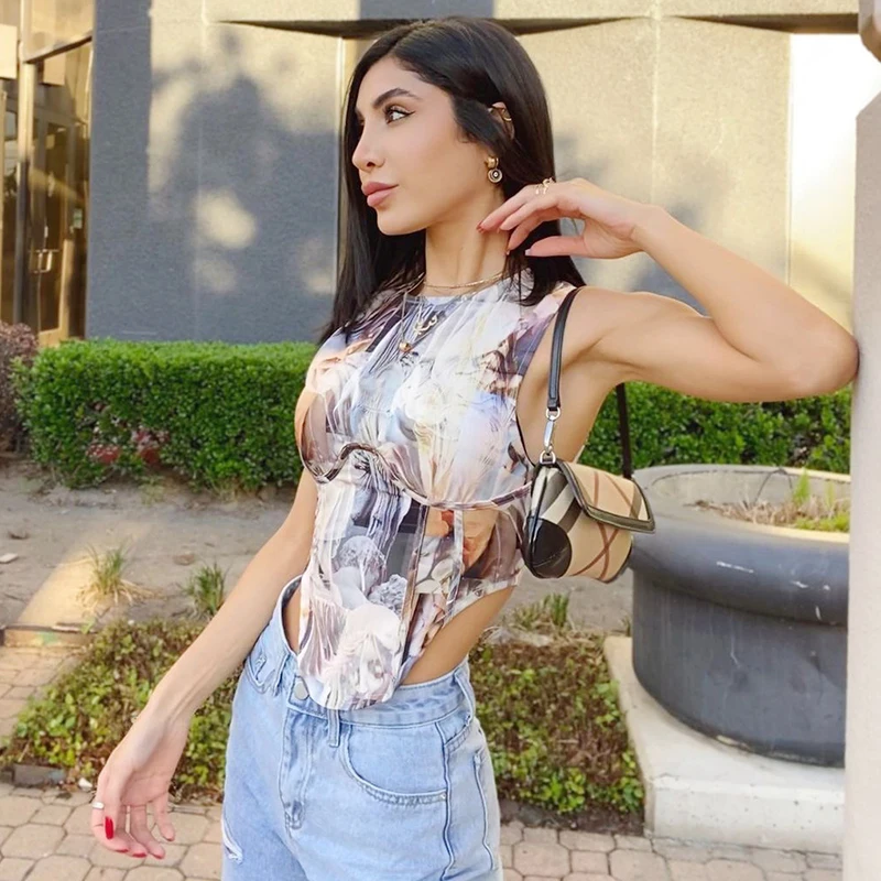 

Darlingaga Streetwear Printed Bodycon Tank Top Women Fashion Party Summer Corset Top Y2K Aesthetic Vintage Crop Tops Vest Short