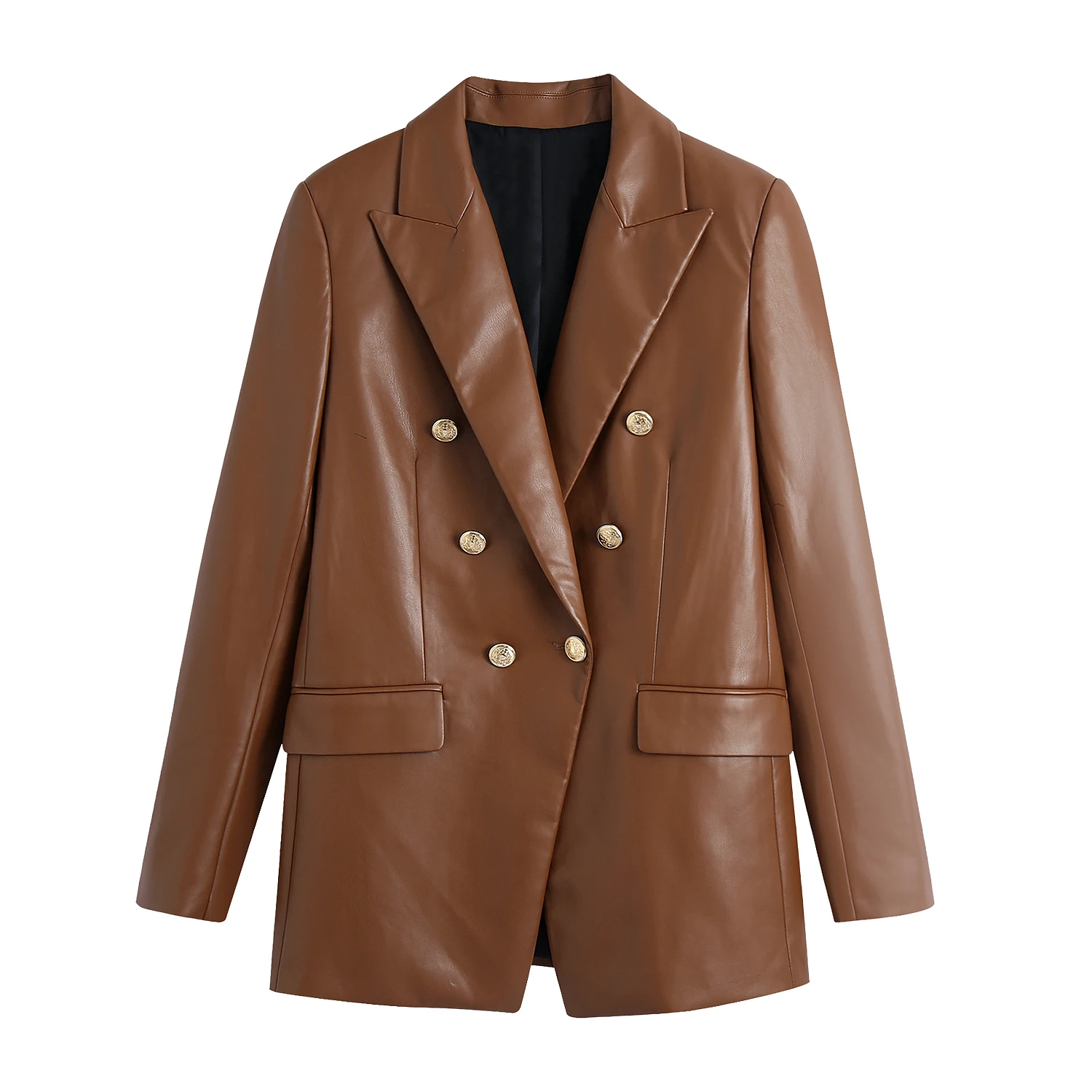 KEYANKETIAN ZA Women's Brown Faux Leather Blazer Long Sleeve Jacket Autumn Double-breasted Office Elegant Women's Blazer