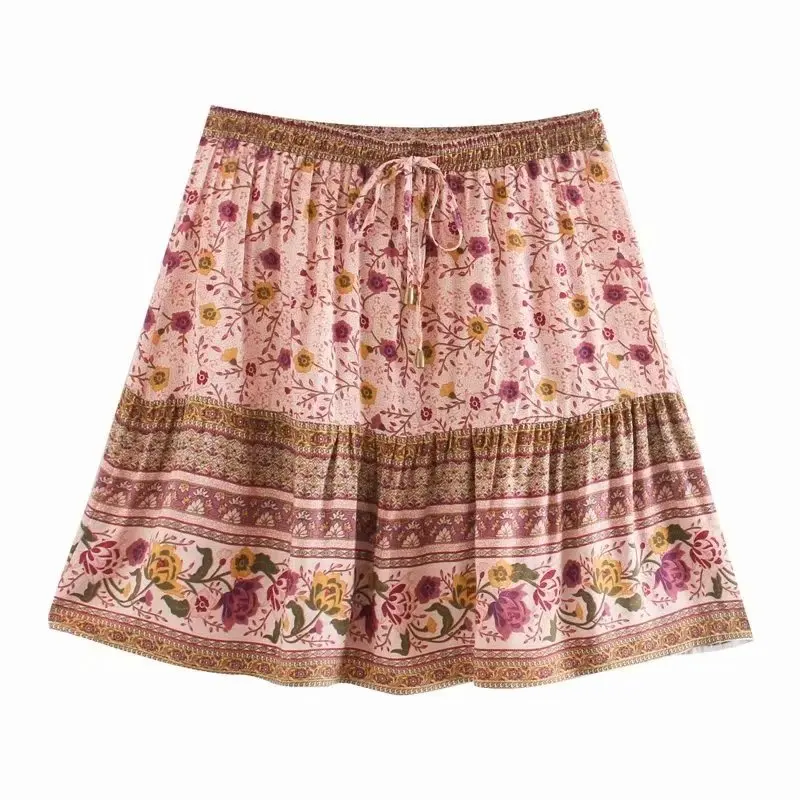 

Women Mini Skirts Pink Jasmine Florals Boho Skirt Summer Casual Hippie Chic Beach Short Skirt faldas mujer moda 2020 saia