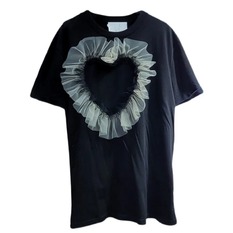 

SeeBeautiful Simple Net Yarn Patchwork Loose T-shirt O Neck Short Sleeve New Fashion Summer 2021 Women E408