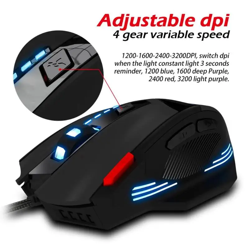 ZELOTES T-60 программируемая Проводная игровая мышь USB 7200 dpi 7 кнопок светодиодный оптическая компьютерная геймерская мышь для ноутбуков настольных ПК мыши