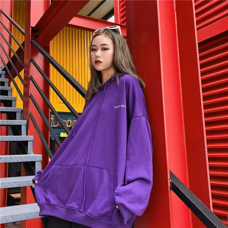 Толстовки женские оверсайз фиолетовые большие карманы с капюшоном Harajuku BF корейский стиль Студенческая Уличная С буквенным принтом женские пуловеры новинка