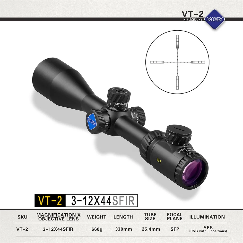 

Discovery Hunting Scop VT-2 3-12x44SFIR Optical Sight HK SFP IR-MIL Illuminated Reticle Tactical Riflescope for Airgun Shooting