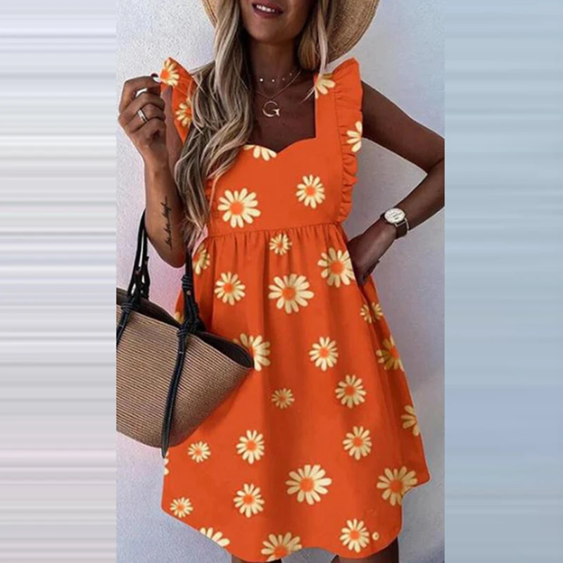 

2021 Elegant Square Collar Dress Women Butterfly Printed Short Sleeves Casual Dress Summer Fashion Slim Beach Party Ladies Dress