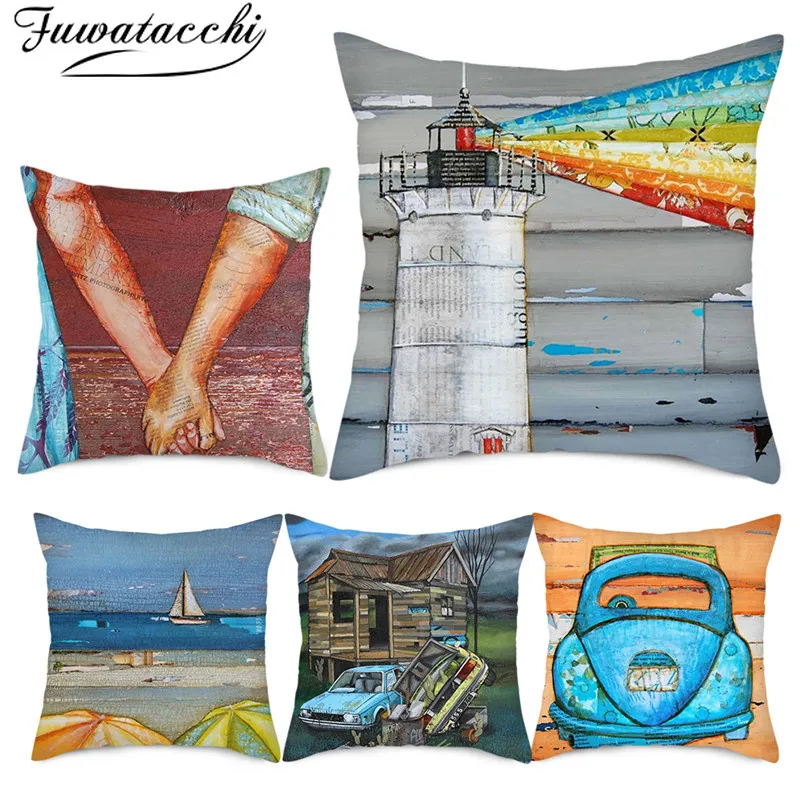 Fuwatacchi Summer Oil Painting Cushion Cover Scenery Cartoon Sea Lover Throw Pillow for Sofa Car Chair Decor Case | Дом и сад