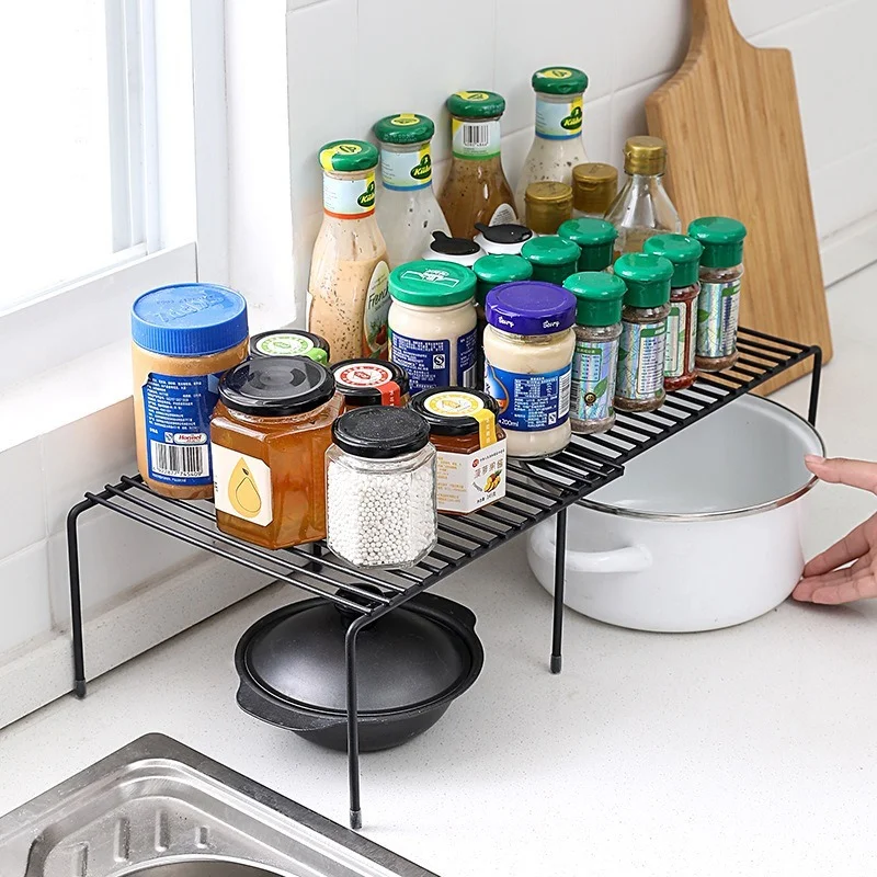 

Kitchen Cabinet Storage Shelf Home Retractable Stackable Organizer Spice Rack Fit for Kitchen Bathroom Plastic Cabinet Holders