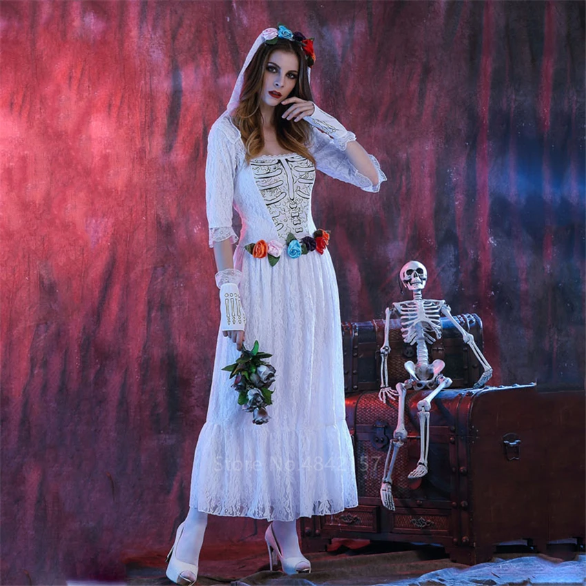 Платье на Хэллоуин со скелетом для невесты страшный женский костюм косплея с