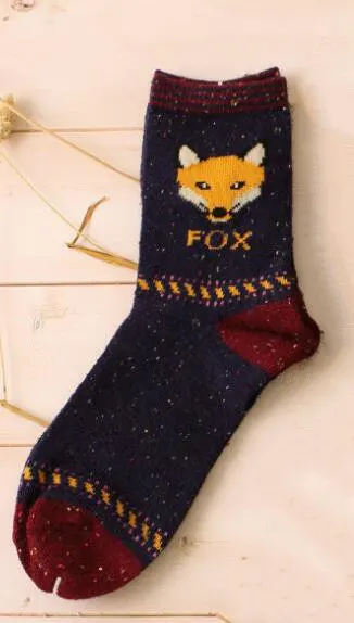 fox head navy Милые теплые носки с рисунками животных; женские новые японские Носки с рисунком оленя, кота, лисы, волка; шерстяные смешанные дышащие носки; сезон осень-зима - Цвет: fox head navy