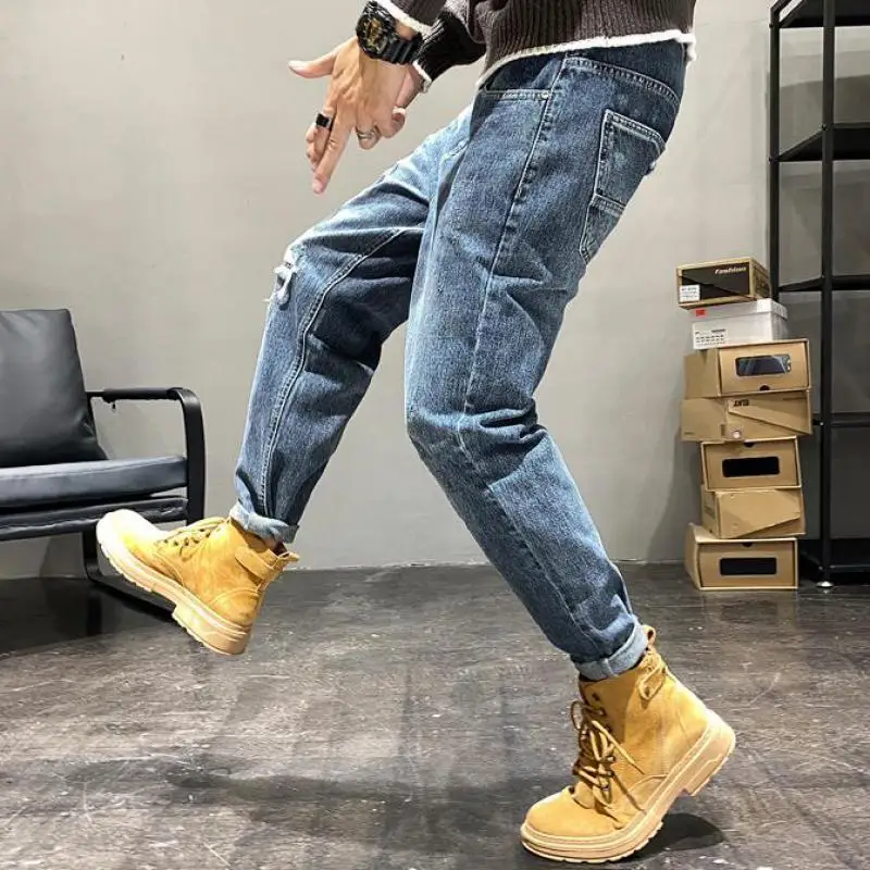 

Mens Patched Hole Jeans Men's Trousers Loose Fit Autumn And Winter Long Pants Beggar Fashion Casual Pants Size 28-38