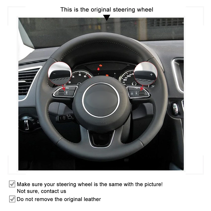 

Hand-stitched Black Brown Leather Anti-slip Soft Car Steering Wheel Cover for Audi Q3 2015-2018 Q5 2013-2017 Q7 2012-2015