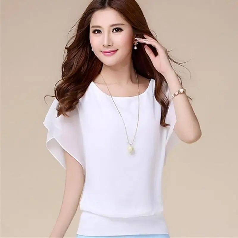 Шифоновые топы с круглым воротником размера плюс рукава летучей мыши