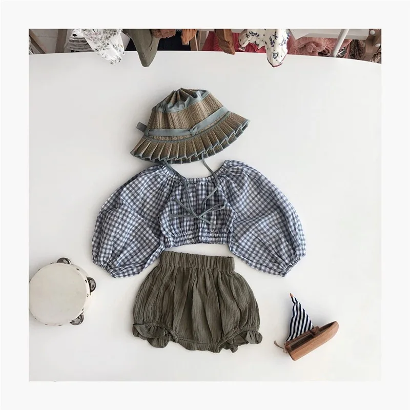 

2021 Fashion Newborn Baby Girls Clothes Set Toddler Plaid Blouse Tops+Shorts 2Pcs Outfit Toddler Girl Cotton Linen Clothing Suit