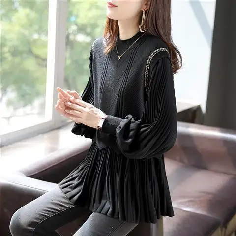 

Lantern Sleeve Tops Women 2021 Autumn New Chiffon Knit Patchwork Sweater Temperament Ruched O Neck Elegant Lady Black Knitwear