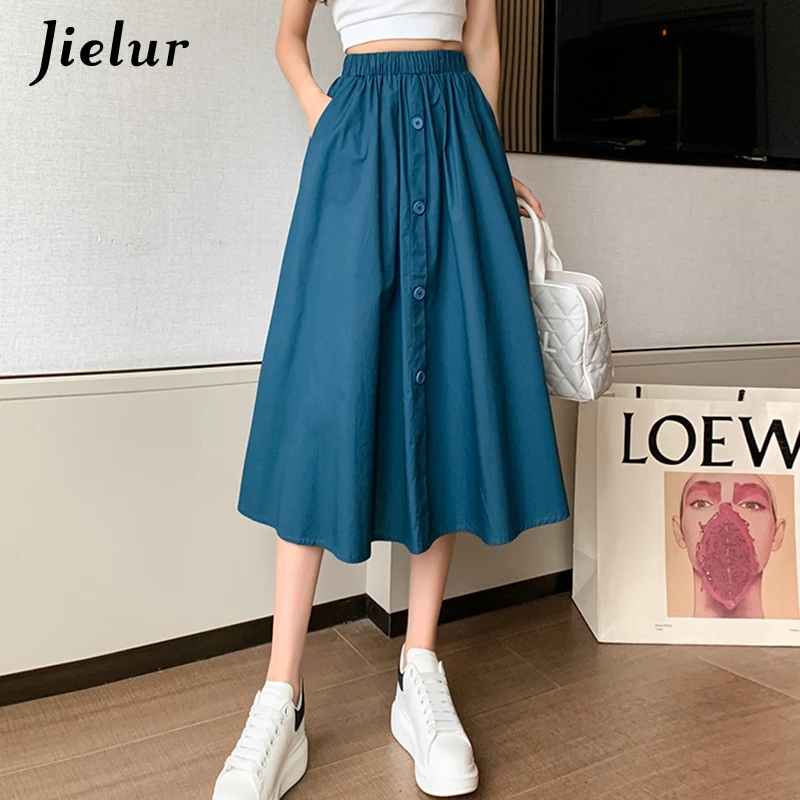 

Jielur Single-breasted Midi Skirts for Women A-line Solid Black White Skirts Female High Waist Women's Skirt S-XL 2021 Summer