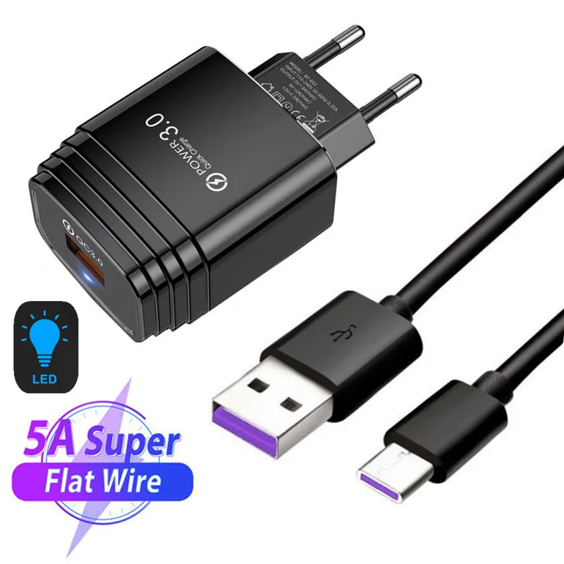 Быстрое зарядное устройство QC 3 0 18 Вт USB 5A Type C зарядный кабель для Samsung A51 Huawei Honor 20