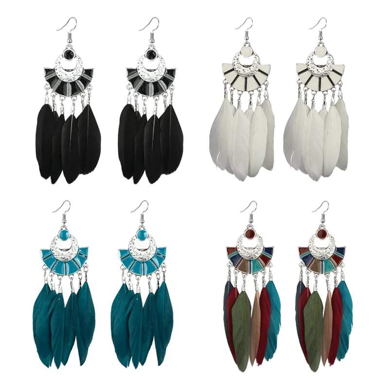 Богемные Модные Винтажные серьги перьевые в виде веера популярные длинные