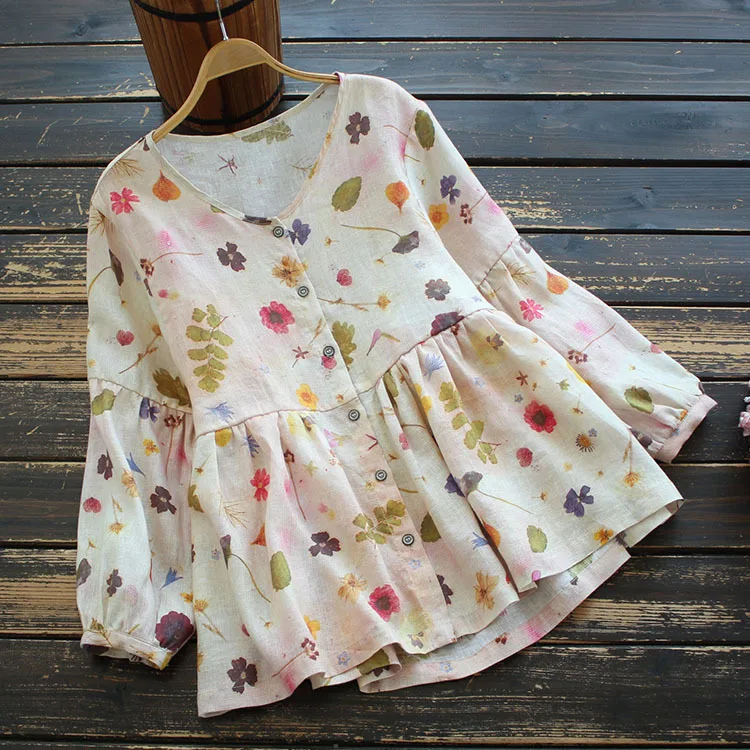 

8812New women's spring clothing Ramie shirt artistic commuter nine-quarter sleeve round neck printed top with swing doll shirt