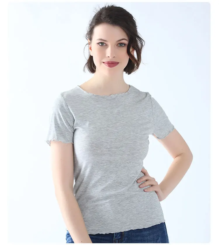 

Ladies new round neck solid color short sleeve knitted T-shirt gray