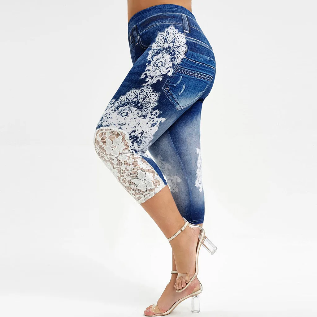 

Fashion Plus Size Women Stretch Leggings Women Push Up Lace Printing Splice Elastic Waist Casual Leggings Pants Sexy Female Pant