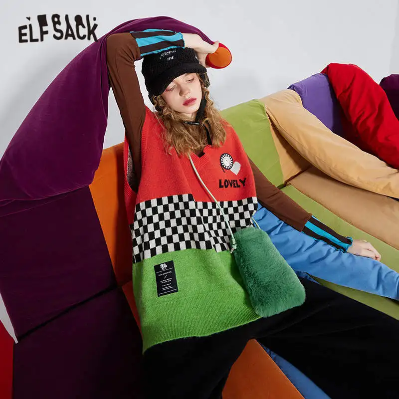 

ELFSACK Plaid Colorblock Pullover Women Casual Knitwear,2021 Autumn V Neck Sleeveless Korean Ladies Basic Sweater Vest