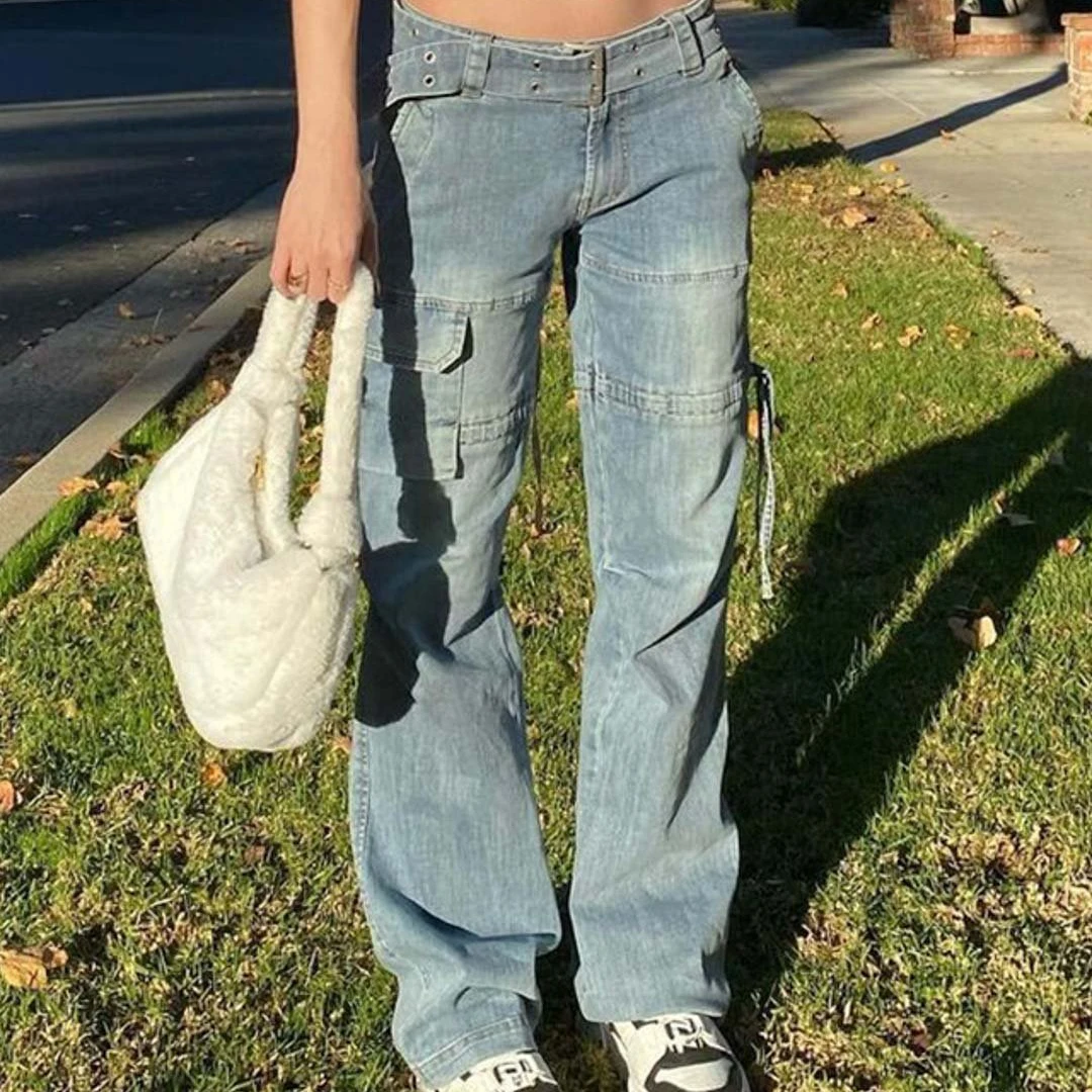 

Autumn Fashion Women's Jeans Retro Y2K Streetwear Denim Belt Waistband Pocket Straight Trousers Mom Boyfriends High Waist Pant
